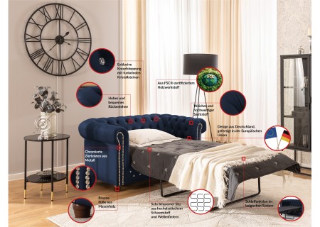Cleo Blink - Chesterfield 2-Sitzer Sofa mit Schlaffunktion aus Samt mit Kristallsteppung und braunen Massivholzfüßen