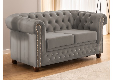 Cleo Blink - Chesterfield 2-Sitzer Sofa mit Schlaffunktion aus Samt mit Kristallsteppung und braunen Massivholzfüßen