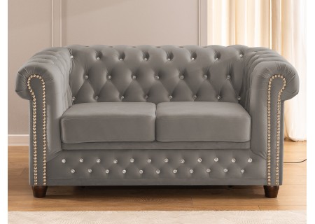 Cleo Blink - Chesterfield 2-Sitzer Sofa mit Schlaffunktion aus Samt mit Kristallsteppung und braunen Massivholzfüßen