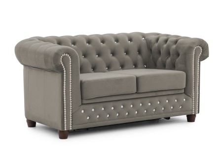 Cleo Blink - Chesterfield 2-Sitzer Sofa mit Schlaffunktion aus Samt mit Kristallsteppung und braunen Massivholzfüßen