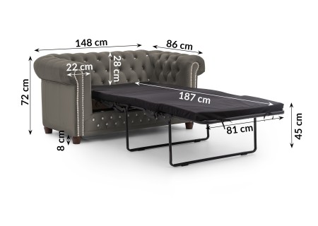 Cleo Blink - Chesterfield 2-Sitzer Sofa mit Schlaffunktion aus Samt mit Kristallsteppung und braunen Massivholzfüßen
