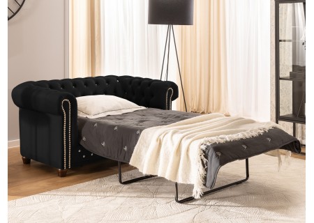 Cleo Blink - Chesterfield 2-Sitzer Sofa mit Schlaffunktion aus Samt mit Kristallsteppung und braunen Massivholzfüßen