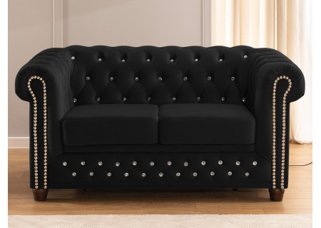 Cleo Blink - Chesterfield 2-Sitzer Sofa mit Schlaffunktion aus Samt mit Kristallsteppung und braunen Massivholzfüßen