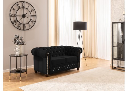 Cleo Blink - Chesterfield 2-Sitzer Sofa mit Schlaffunktion aus Samt mit Kristallsteppung und braunen Massivholzfüßen