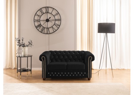 Cleo Blink - Chesterfield 2-Sitzer Sofa mit Schlaffunktion aus Samt mit Kristallsteppung und braunen Massivholzfüßen