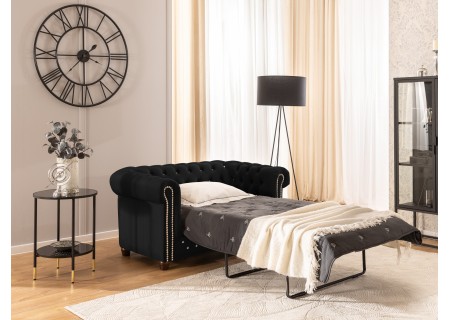 Cleo Blink - Chesterfield 2-Sitzer Sofa mit Schlaffunktion aus Samt mit Kristallsteppung und braunen Massivholzfüßen