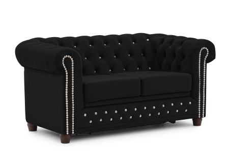 Cleo Blink - Chesterfield 2-Sitzer Sofa mit Schlaffunktion aus Samt mit Kristallsteppung und braunen Massivholzfüßen