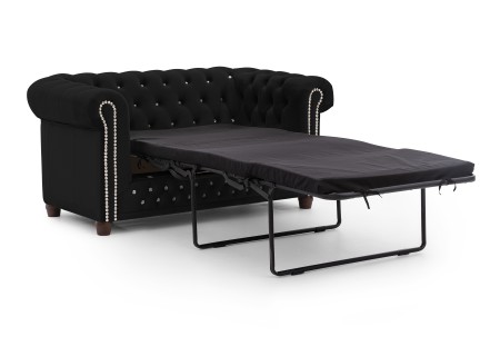 Cleo Blink - Chesterfield 2-Sitzer Sofa mit Schlaffunktion aus Samt mit Kristallsteppung und braunen Massivholzfüßen