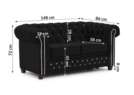 Cleo Blink - Chesterfield 2-Sitzer Sofa mit Schlaffunktion aus Samt mit Kristallsteppung und braunen Massivholzfüßen