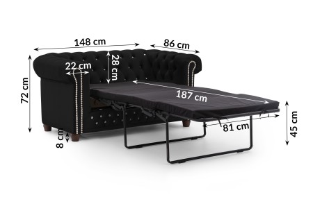 Cleo Blink - Chesterfield 2-Sitzer Sofa mit Schlaffunktion aus Samt mit Kristallsteppung und braunen Massivholzfüßen