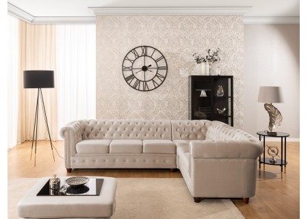 Cleo Blink - Chesterfield Ecksofa L-Form aus Samt mit Kristallsteppung und braunen Massivholzfüßen