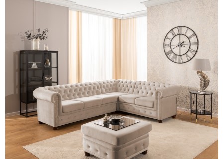 Cleo Blink - Chesterfield Ecksofa L-Form aus Samt mit Kristallsteppung und braunen Massivholzfüßen
