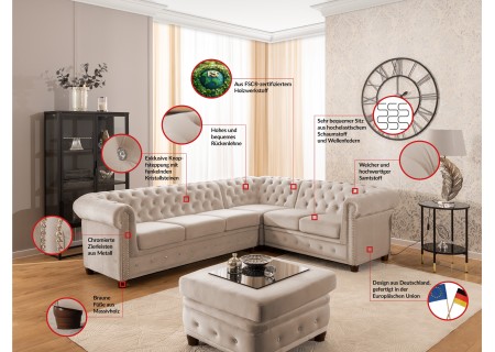 Cleo Blink - Chesterfield Ecksofa L-Form aus Samt mit Kristallsteppung und braunen Massivholzfüßen