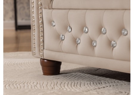 Cleo Blink - Chesterfield Ecksofa L-Form aus Samt mit Kristallsteppung und braunen Massivholzfüßen