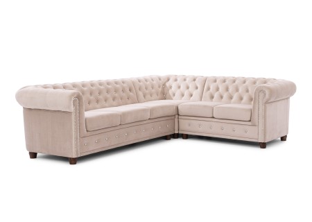 Cleo Blink - Chesterfield Ecksofa L-Form aus Samt mit Kristallsteppung und braunen Massivholzfüßen