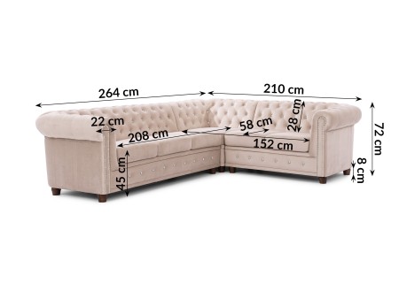 Cleo Blink - Chesterfield Ecksofa L-Form aus Samt mit Kristallsteppung und braunen Massivholzfüßen