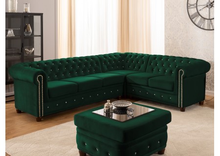 Cleo Blink - Chesterfield Ecksofa L-Form aus Samt mit Kristallsteppung und braunen Massivholzfüßen