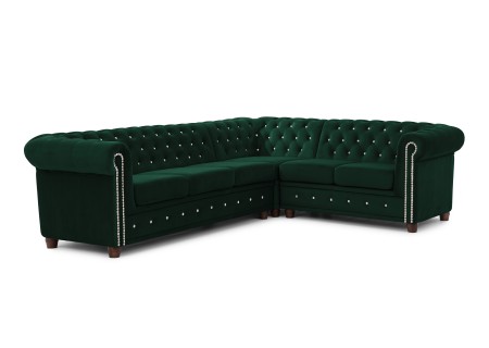 Cleo Blink - Chesterfield Ecksofa L-Form aus Samt mit Kristallsteppung und braunen Massivholzfüßen
