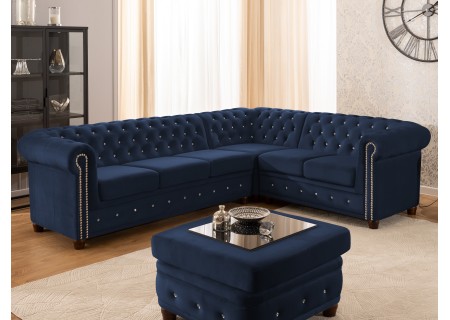Cleo Blink - Chesterfield Ecksofa L-Form aus Samt mit Kristallsteppung und braunen Massivholzfüßen
