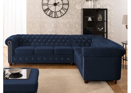 Cleo Blink - Chesterfield Ecksofa L-Form aus Samt mit Kristallsteppung und braunen Massivholzfüßen