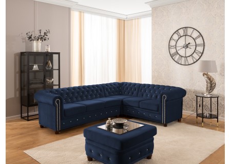 Cleo Blink - Chesterfield Ecksofa L-Form aus Samt mit Kristallsteppung und braunen Massivholzfüßen