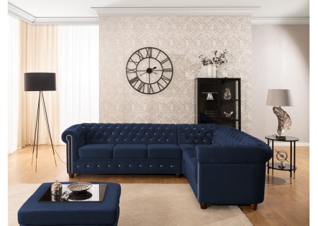 Cleo Blink - Chesterfield Ecksofa L-Form aus Samt mit Kristallsteppung und braunen Massivholzfüßen