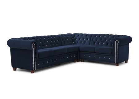 Cleo Blink - Chesterfield Ecksofa L-Form aus Samt mit Kristallsteppung und braunen Massivholzfüßen