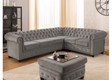 Cleo Blink - Chesterfield Ecksofa L-Form aus Samt mit Kristallsteppung und braunen Massivholzfüßen