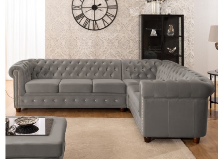 Cleo Blink - Chesterfield Ecksofa L-Form aus Samt mit Kristallsteppung und braunen Massivholzfüßen