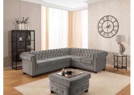 Cleo Blink - Chesterfield Ecksofa L-Form aus Samt mit Kristallsteppung und braunen Massivholzfüßen