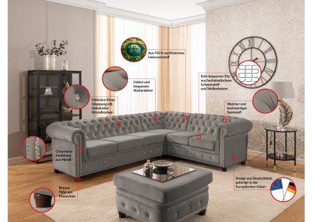 Cleo Blink - Chesterfield Ecksofa L-Form aus Samt mit Kristallsteppung und braunen Massivholzfüßen