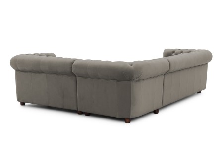 Cleo Blink - Chesterfield Ecksofa L-Form aus Samt mit Kristallsteppung und braunen Massivholzfüßen
