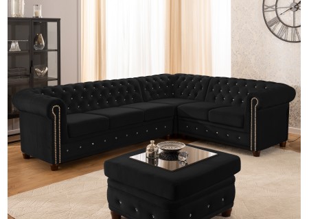 Cleo Blink - Chesterfield Ecksofa L-Form aus Samt mit Kristallsteppung und braunen Massivholzfüßen