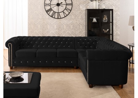 Cleo Blink - Chesterfield Ecksofa L-Form aus Samt mit Kristallsteppung und braunen Massivholzfüßen