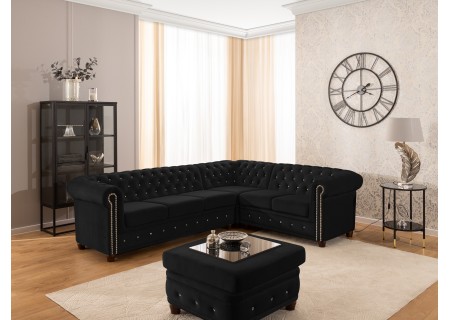 Cleo Blink - Chesterfield Ecksofa L-Form aus Samt mit Kristallsteppung und braunen Massivholzfüßen