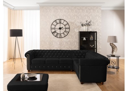 Cleo Blink - Chesterfield Ecksofa L-Form aus Samt mit Kristallsteppung und braunen Massivholzfüßen