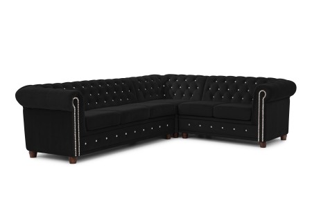 Cleo Blink - Chesterfield Ecksofa L-Form aus Samt mit Kristallsteppung und braunen Massivholzfüßen