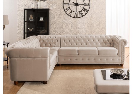 Cleo Blink - Chesterfield Ecksofa L-Form aus Samt mit Kristallsteppung und braunen Massivholzfüßen