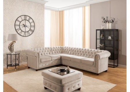 Cleo Blink - Chesterfield Ecksofa L-Form aus Samt mit Kristallsteppung und braunen Massivholzfüßen