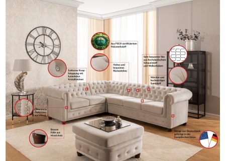 Cleo Blink - Chesterfield Ecksofa L-Form aus Samt mit Kristallsteppung und braunen Massivholzfüßen