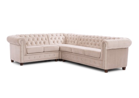 Cleo Blink - Chesterfield Ecksofa L-Form aus Samt mit Kristallsteppung und braunen Massivholzfüßen