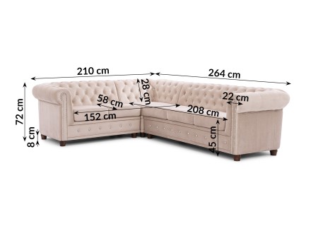 Cleo Blink - Chesterfield Ecksofa L-Form aus Samt mit Kristallsteppung und braunen Massivholzfüßen