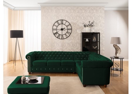 Cleo Blink - Chesterfield Ecksofa L-Form aus Samt mit Kristallsteppung und braunen Massivholzfüßen