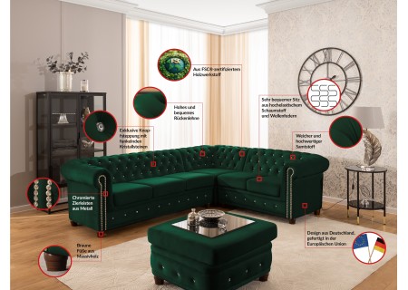 Cleo Blink - Chesterfield Ecksofa L-Form aus Samt mit Kristallsteppung und braunen Massivholzfüßen