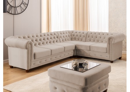 Cleo Blink - Chesterfield Ecksofa L-Form mit Schlaffunktion aus Samt mit Kristallsteppung und braunen Massivholzfüßen