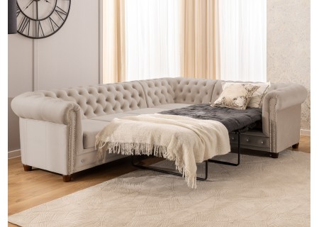 Cleo Blink - Chesterfield Ecksofa L-Form mit Schlaffunktion aus Samt mit Kristallsteppung und braunen Massivholzfüßen