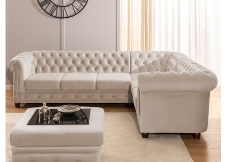 Cleo Blink - Chesterfield Ecksofa L-Form mit Schlaffunktion aus Samt mit Kristallsteppung und braunen Massivholzfüßen