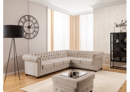 Cleo Blink - Chesterfield Ecksofa L-Form mit Schlaffunktion aus Samt mit Kristallsteppung und braunen Massivholzfüßen