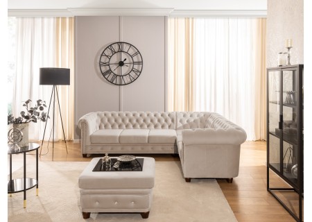 Cleo Blink - Chesterfield Ecksofa L-Form mit Schlaffunktion aus Samt mit Kristallsteppung und braunen Massivholzfüßen