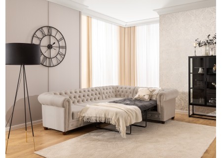 Cleo Blink - Chesterfield Ecksofa L-Form mit Schlaffunktion aus Samt mit Kristallsteppung und braunen Massivholzfüßen